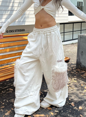 YAMMYUKI美式复古毛毛拼接大口袋褶皱工装裤女秋宽松直筒阔腿长裤
