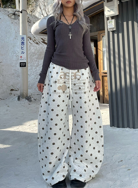 YAMMYUKI复古波点刺绣印花休闲裤宽松阔腿慵懒百搭松紧腰抽绳长裤