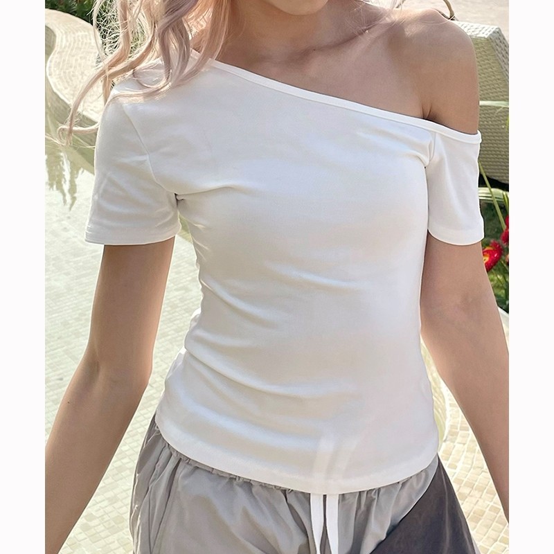 设计感斜领短袖T恤女夏季新款
