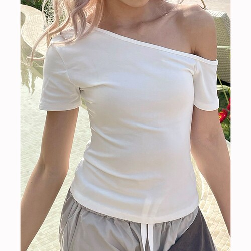 设计感斜领短袖T恤女夏季新款