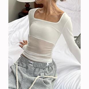 YAMMYUKI欧美辣妹爵士性感半网纱透视修身显瘦两穿紧身长袖上衣女