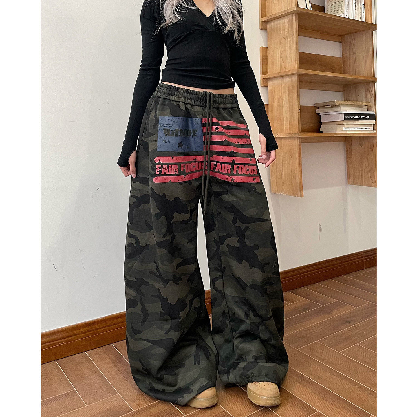 美式迷彩字母印花阔腿跳舞长裤