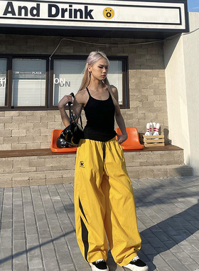 YAMMYUKI夏日多巴胺拼色美拉德松紧腰嘻哈速干工装休闲阔腿长裤