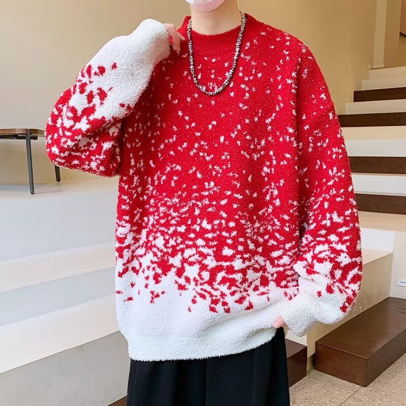 渐变红色毛衣男冬季软糯针织衫男士内搭打底衫青少年痞帅套头毛衫