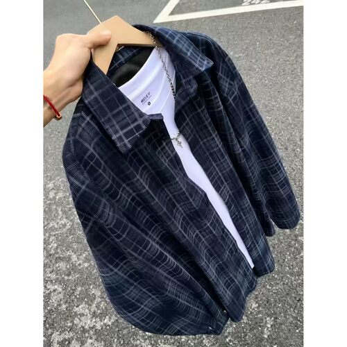 日系复古格纹衬衫男长袖秋灯芯绒