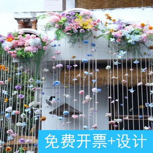 创意小院橱窗门头珍珠珠串门帘装饰仿真珠串搭配仿真花美陈布置