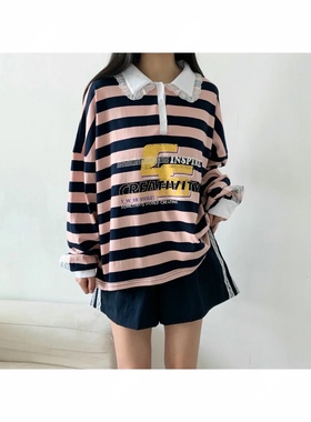 直邮 首尔印象韩代 LOVABLE蕾丝花边翻领条纹宽松落肩卫衣女25秋