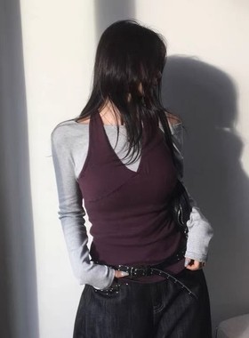 直邮 首尔印象韩代 25fw 迷人酱紫色紧身挂脖系带露背显瘦背心女