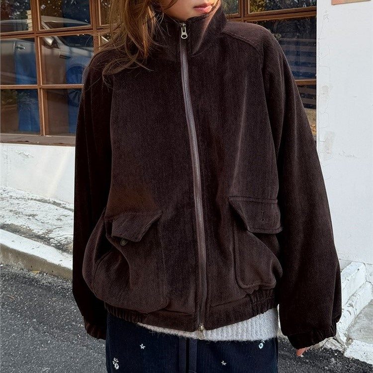 直邮 东大门代购 复古双拉链设计大口袋羊羔绒阔版外套女秋冬新款