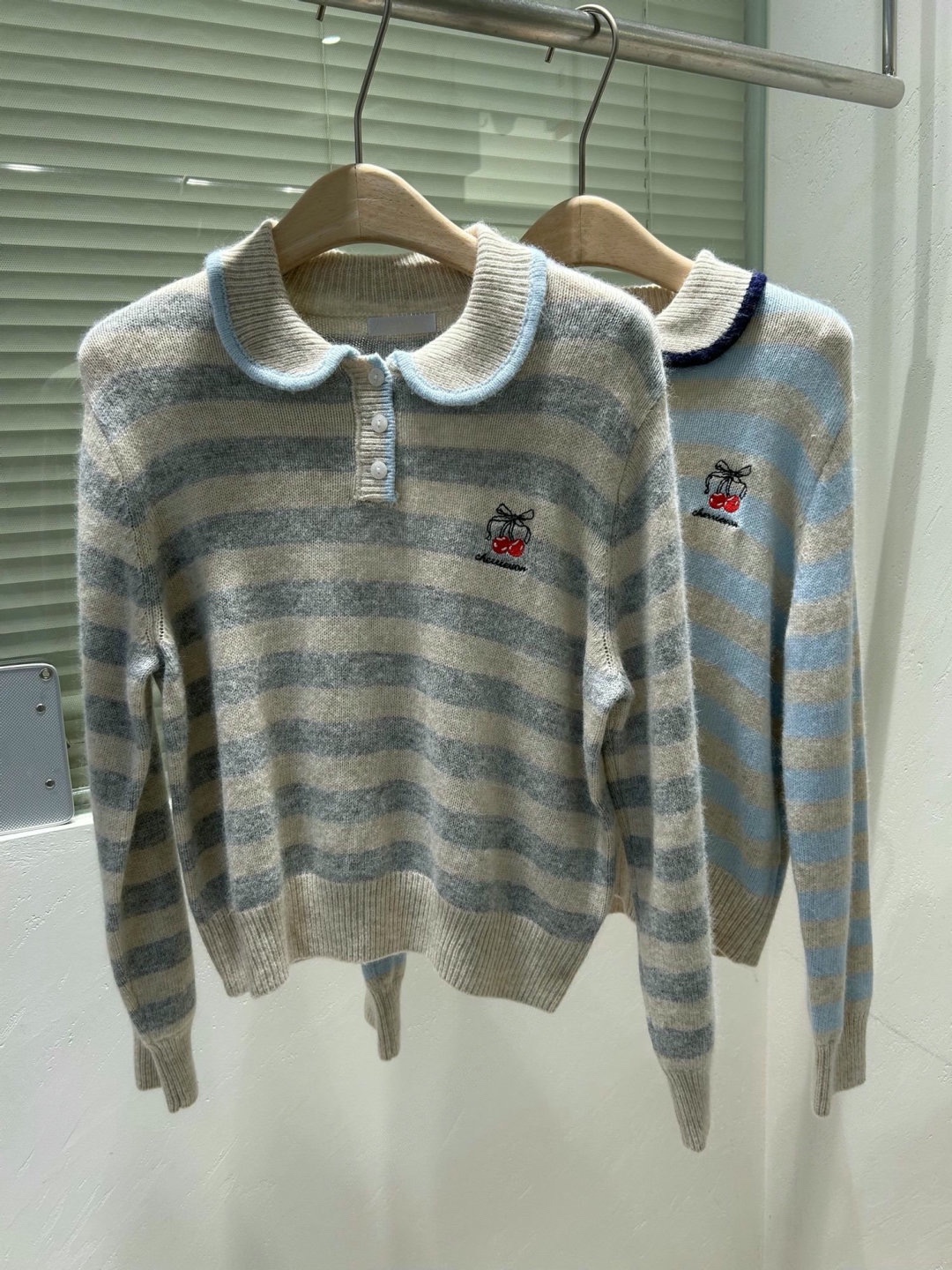 直邮 lakerr正品 25fw 韩代刺绣樱桃娃娃领条纹羊毛针织衫女毛衣