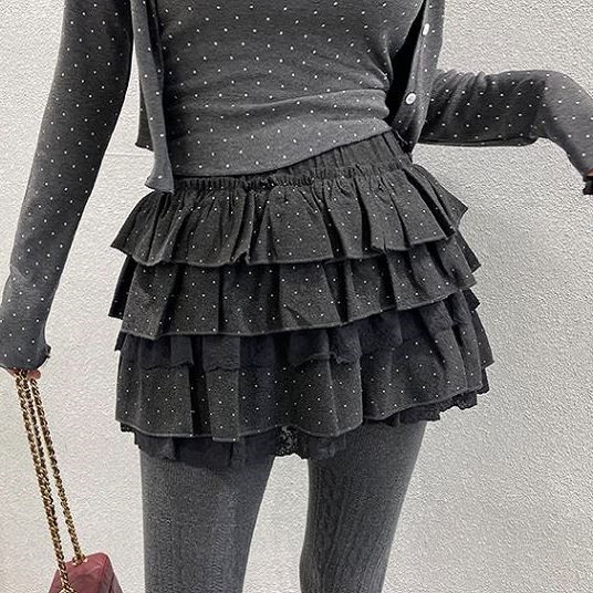 包邮 首尔印象韩代 25fw 松紧腰蕾丝花边叠层蛋糕波点裙秋冬新款