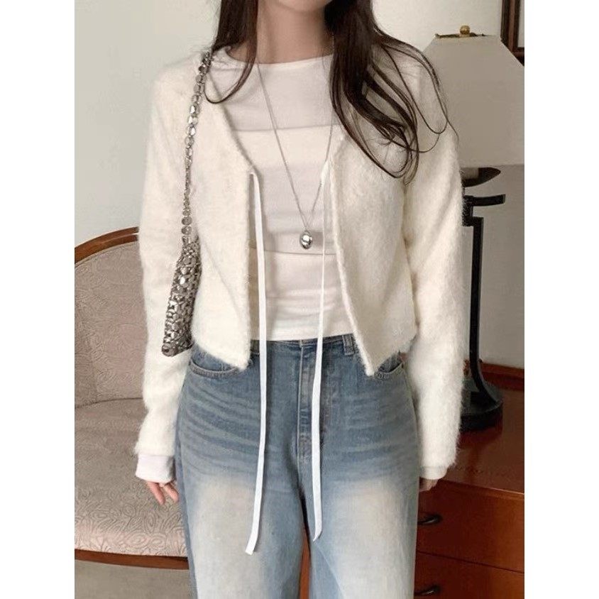 直邮 25fw 首尔印象韩代 温柔婉约蝴蝶结系带毛绒绒针织外套女,女装/女士精品,毛针织衫,淘宝优惠券,粉丝福利购,淘宝优惠卷