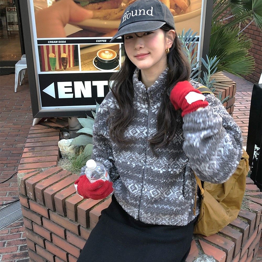 直邮 东大门代购 复古费尔岛提花拉链立领羊羔绒外套摇粒绒25秋冬