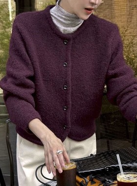 包邮 首尔印象韩代 25fw 温柔深紫色圆领系扣厚针织外套女秋冬新