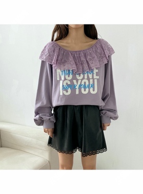 直邮 首尔印象韩代 LOVABLE蕾丝刺绣荷叶领字母宽松套头卫衣女秋