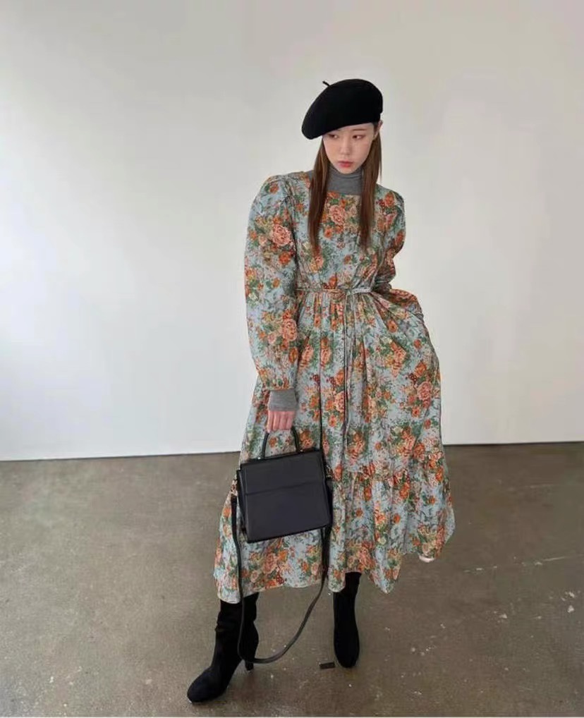 直邮 东大门 25FW stylelounge法式田园油画风宽松泡泡长袖连衣裙