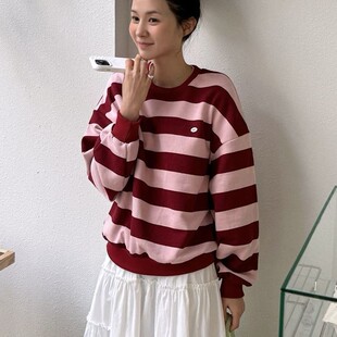 包邮 首尔印象韩代 26ss 撞色条纹圆领宽松套头卫衣女早春新款