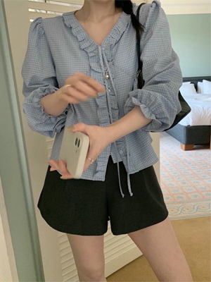 直邮 首尔印象韩代 26ss mellounge少女风荷叶边格子系带娃娃衬衫