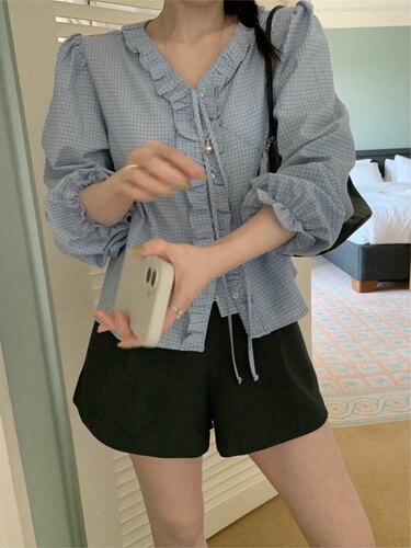 直邮 首尔印象韩代 26ss mellounge少女风荷叶边格子系带娃娃衬衫