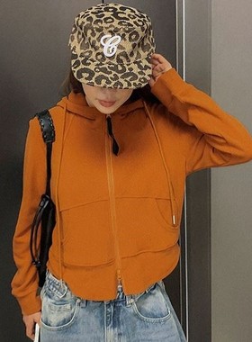 直邮 首尔印象韩代 25fw 活力橙色连帽拉链加绒短外套女秋冬新款