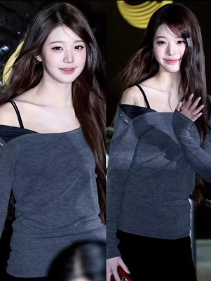 直邮 首尔印象韩代 26SS 张元英东大门代购复古露肩修身长袖上衣