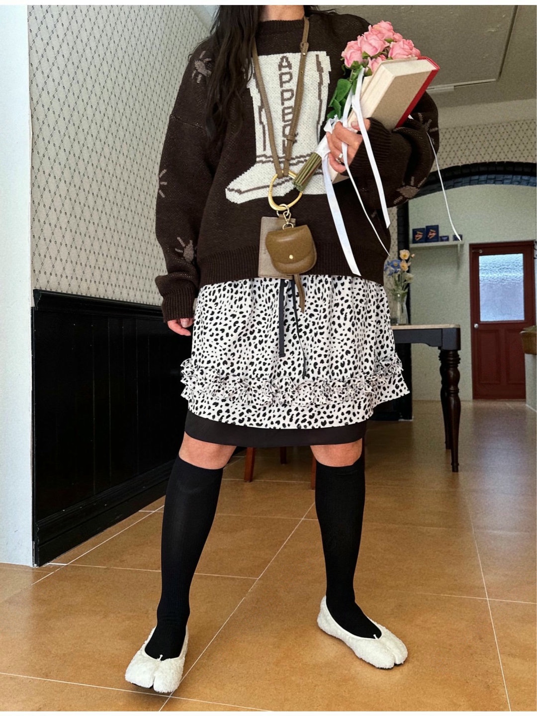 直邮 首尔印象韩代 25fw appear少女风抽绳松紧腰豹纹叠搭半身裙