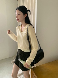 长袖 直邮 养眼亲肤天丝棉小翻领宽松套头衫 26ss T恤 首尔印象韩代