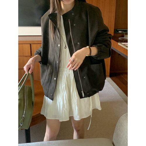 areing 26SS 东大门代购 极简风休闲立领拉链宽松夹克外套女