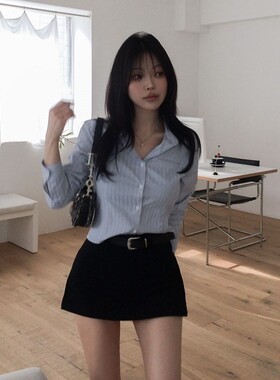 直邮 首尔印象韩代 26ss 韩系时髦显瘦条纹翻领短款长袖衬衫女