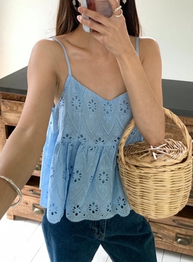 直邮 首尔印象韩代 25夏季新款 LIBERTY天蓝色镂空钩花娃娃吊带衫