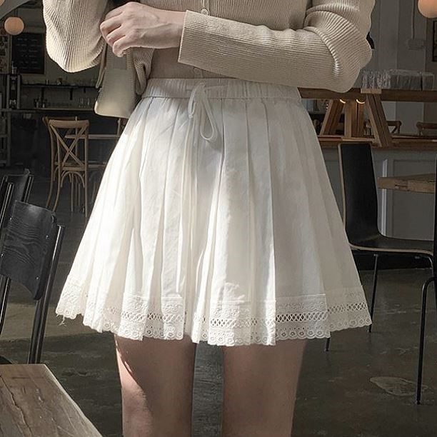 包邮 首尔印象韩代 25fw 甜美抽绳松紧腰碎花镂空花边半身裙