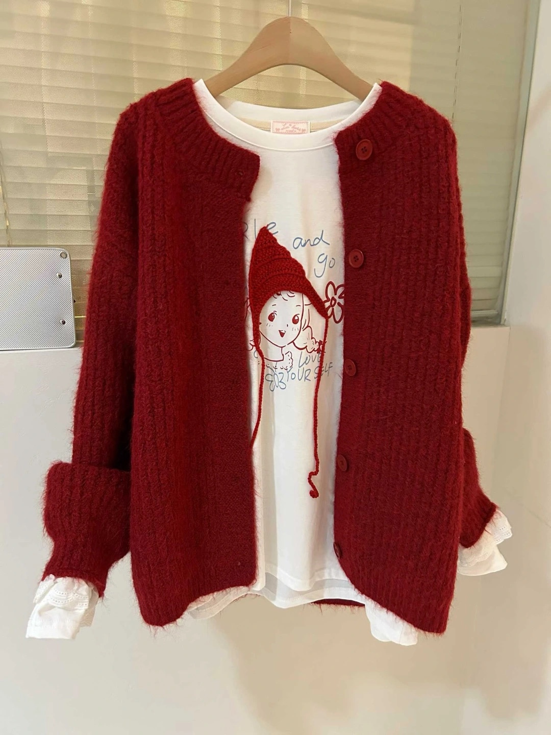 直邮 lakerr正品 25fw 首尔印象韩代 可爱编织小红帽磨毛长袖T恤