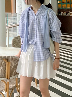 all over 26SS 东大门代购 少女风格纹翻领棉质宽松长袖衬衫早春