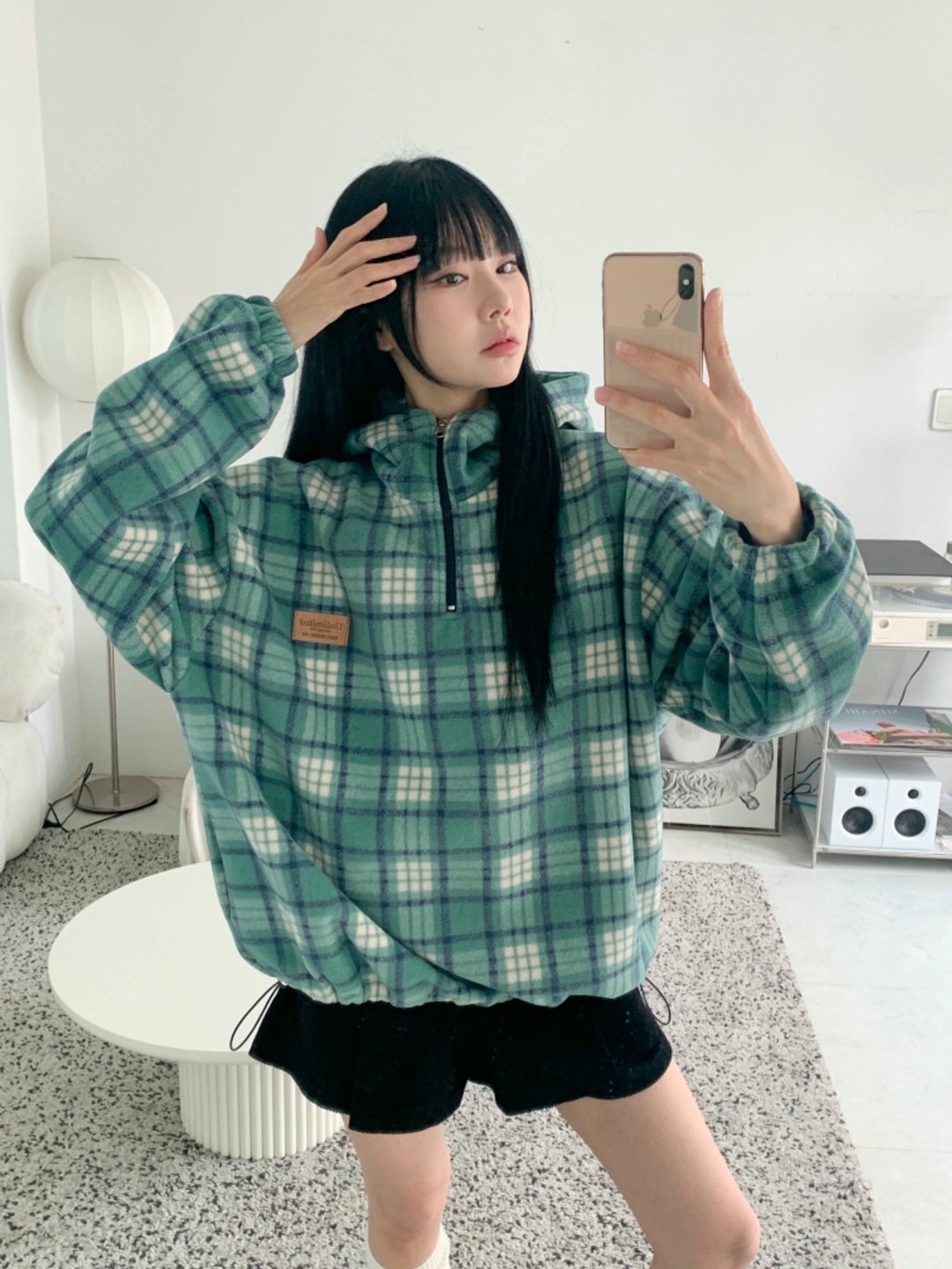 直邮 东大门代购 mercy半拉链连帽格子摇粒绒卫衣外套女秋冬新款