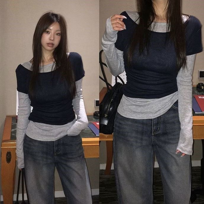 直邮 东大门代购 时髦糖果色修身假两件洋气长袖T恤女25秋冬新款