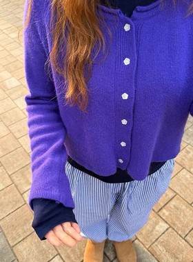 直邮 首尔印象韩代 25fw 温油紫色贝壳花朵开襟针织衫女秋冬新款