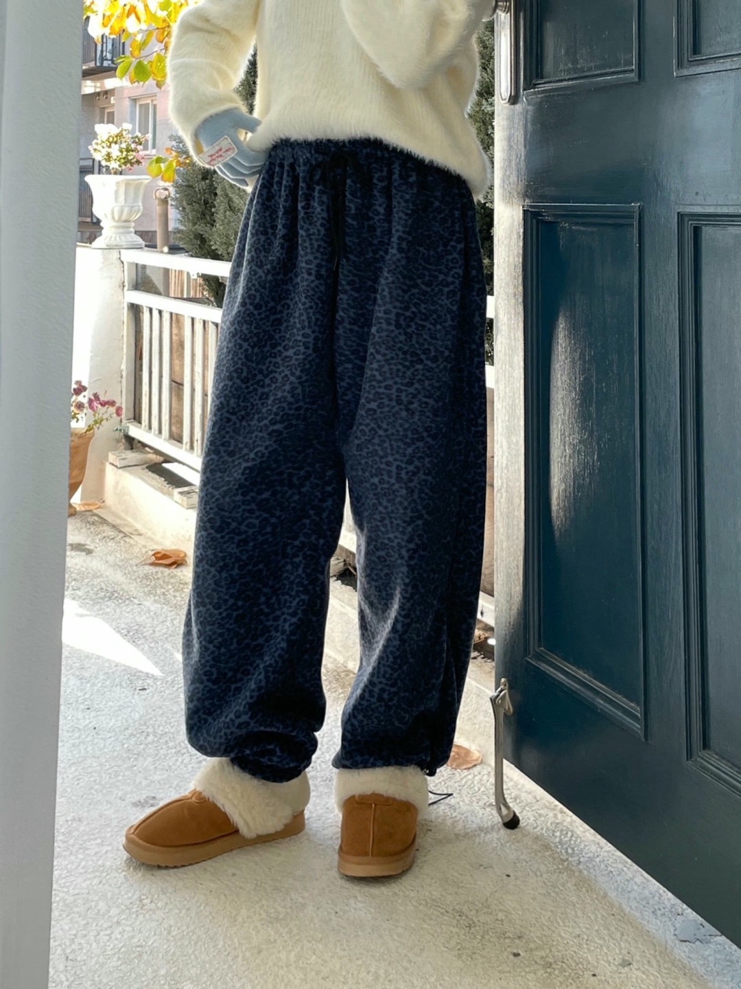 直邮 东大门代购 mercy时髦豹纹松紧腰宽松加绒收脚卫裤休闲裤女