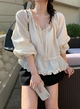 直邮 首尔印象韩代 26ss mellounge少女木耳边细带泡泡袖娃娃衬衫