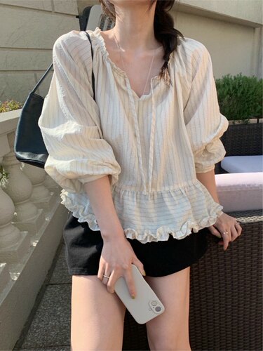 直邮 首尔印象韩代 26ss mellounge少女木耳边细带泡泡袖娃娃衬衫