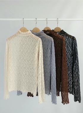 直邮 东大门代购 ZEST温柔女人味透视蕾丝提花小高领打底T恤女冬