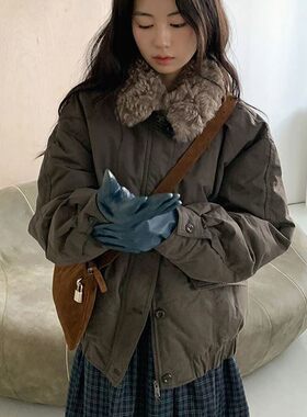 包邮 东大门代购 巴恩风毛毛翻领工装外套短款派克棉衣女秋冬新款
