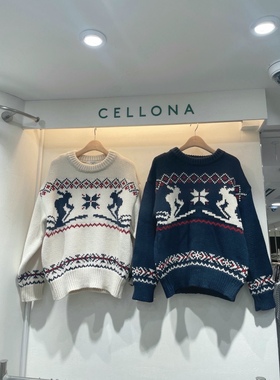直邮 首尔印象韩代 25fw CELLONA费尔岛花纹螺纹圆领套头厚毛衣女