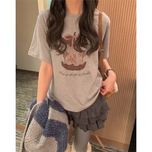 直邮 首尔印象韩代 25fw 可爱小鹿苹果图案宽松短袖T恤女秋冬新款