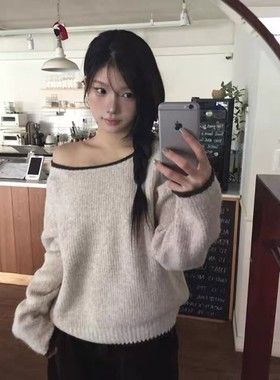 直邮 东大门代购modimood 温柔斜露肩包边宽松毛衣针织衫女秋冬新