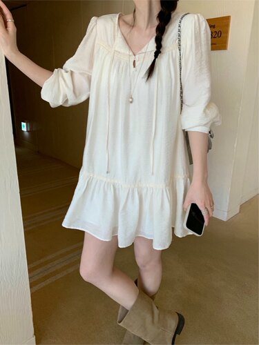 直邮 首尔印象韩代 26ss mellounge温柔系带宽松荷叶边长袖连衣裙