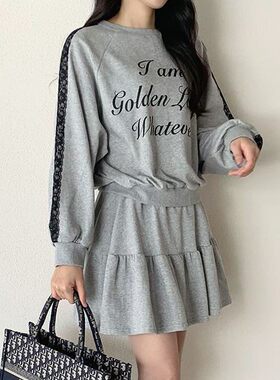 包邮 首尔印象韩代 25fw 韩系蕾丝花边字母卫衣松紧裙裤套装女