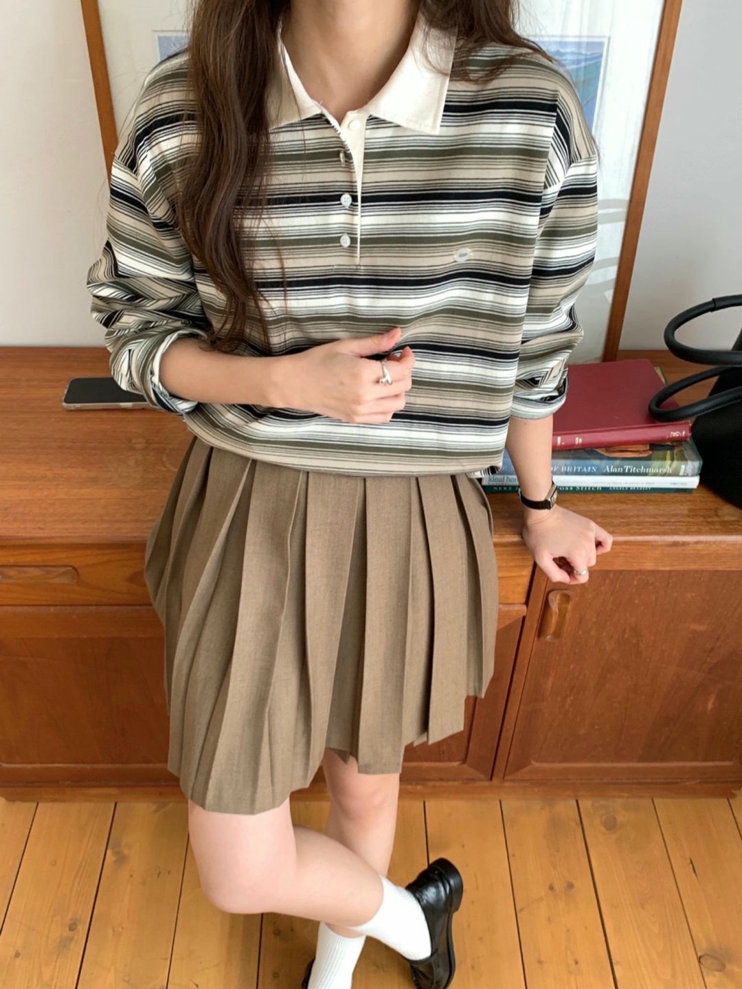 直邮 VOLANT 25fw 少女风撞色POLO翻领条纹宽松长袖T恤秋季新款