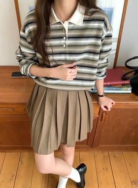 直邮 VOLANT 25fw 少女风撞色POLO翻领条纹宽松长袖T恤秋季新款