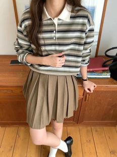 直邮 VOLANT 25fw 少女风撞色POLO翻领条纹宽松长袖T恤秋季新款