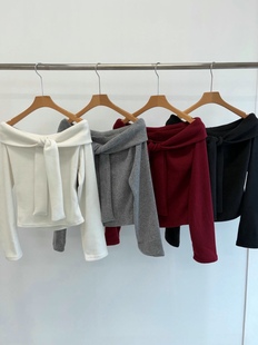 显瘦长袖 纯欲风氛围感绑带露肩修身 磨毛厚Tu女 东大门代购 直邮